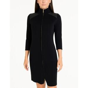 Calvin Klein Black Full Zip Sweater Dress Leather quilted Shoulders gold SZ SM